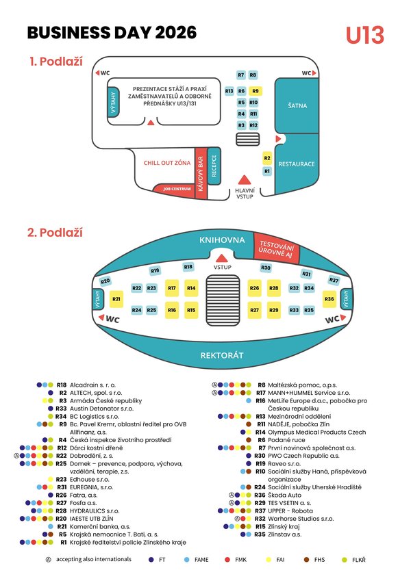 Mapa veletrhu Business Day 2026 – budova U13 (1. a 2. podlaží)